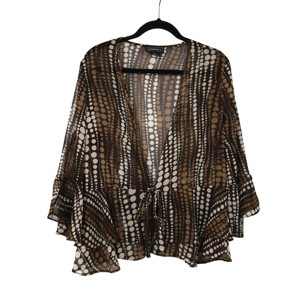 Vintage Elementz Brown Gold Sheer Polka Dot Tie Front Ruffle Top XL 90s Y2K Boho